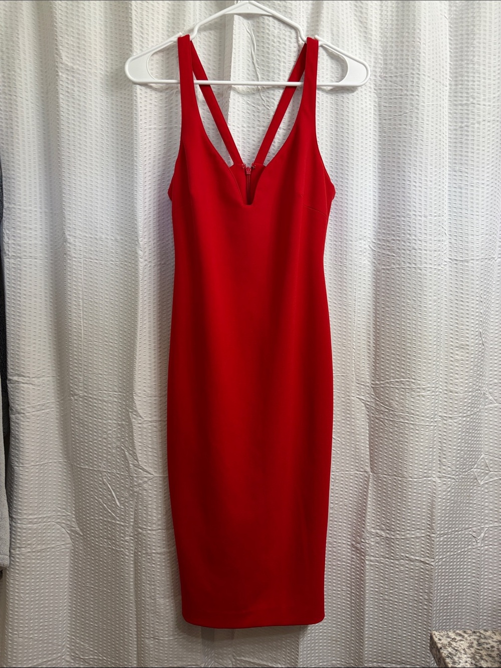 Calvin Klein Red V-Neck Midi Bodycon Dress